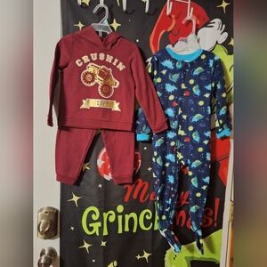 3T New Red Monster Truck Hoodie Set & Blue Dinosaur Pajamas With Footies.